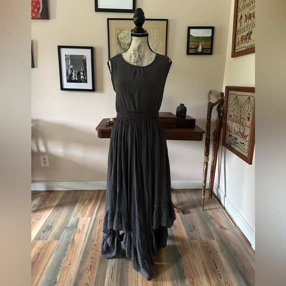 Mia Joy Charcoal Gray Sleeveless Ruffle Hem Maxi Dress Lace Back Tie 14 Large - Picture 1 of 14